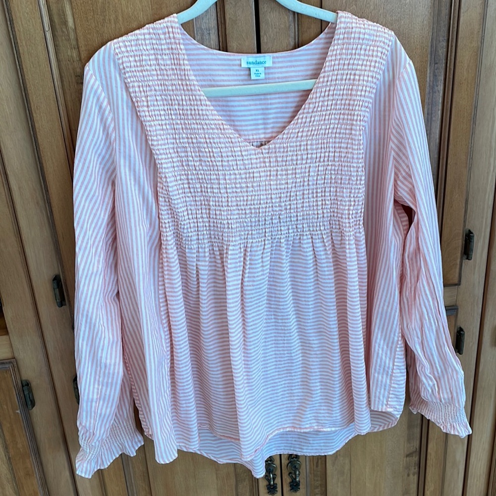 Size XL sundance top in Pink and white stripe.  With cute ruching in the front.